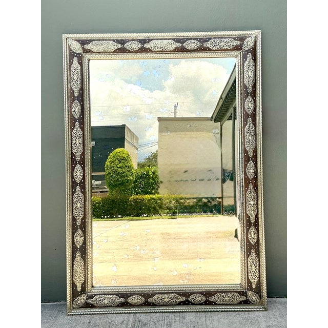 Vintage Moroccan Ornate Wood and Metal Mirror For Sale - Image 4 of 15
