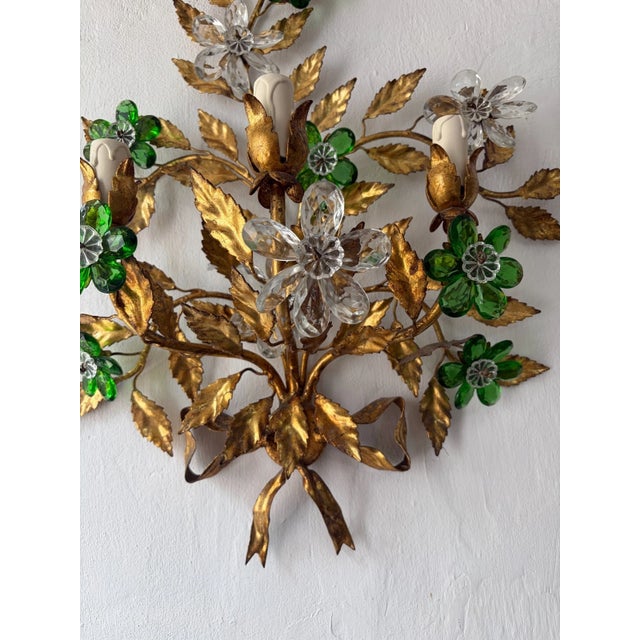 Maison Baguès Style 3 Lights Green Crystal Flowers Tole Bow Sconces, Circa 1940 For Sale - Image 11 of 13