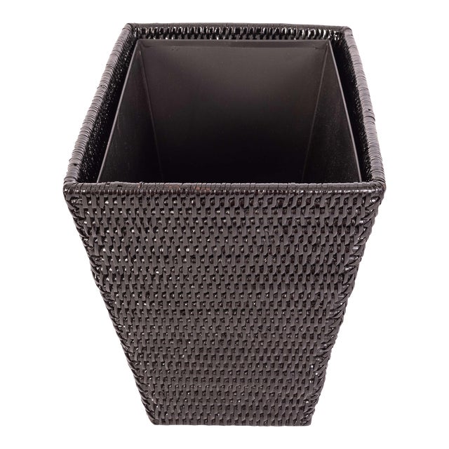 Artifacts Rattan Rectangular Tapered Waste Basket with Metal Liner For Sale