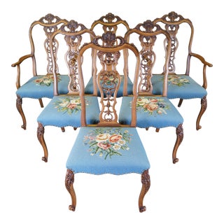 Early 20th Century Antique French Provincial Louis XV Walnut Reticulated Needlepoint Dining Chairs - Set of 6 For Sale