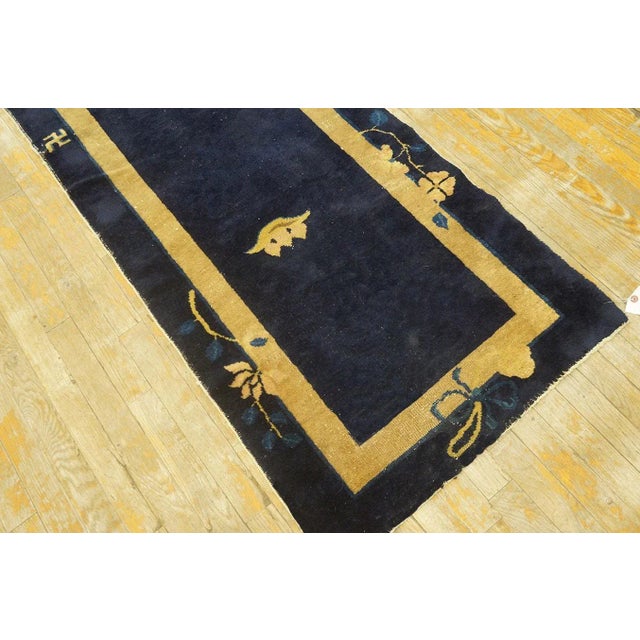 1920s Navy Blue Floral Vase Antique Chinese Peking Carpet 2' 4'' X 11' 7" Knotted Wool Rug Runner For Sale - Image 4 of 8