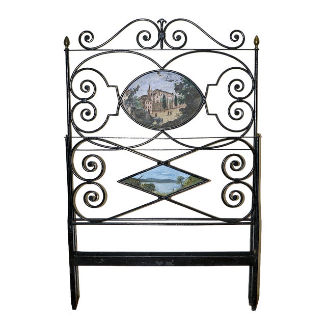 Wrought-Iron Bed with Painted Headboard and Footboard Featuring a Rural and Lakeside Landscape, Italy, 1800s For Sale