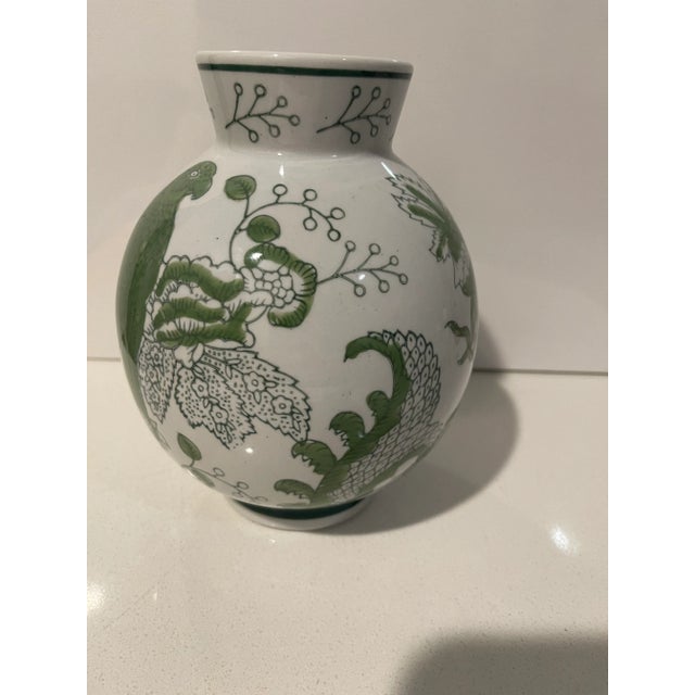 Chinoiserie 1960s Round Green & White Cloisonne Symbolic Nature Vase For Sale - Image 3 of 12