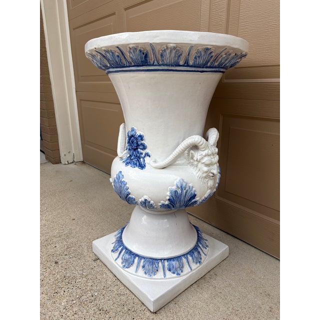 English Monumental Blue & White Majolica Grecian Urn With Jupiter Ammon Motifs For Sale - Image 3 of 17