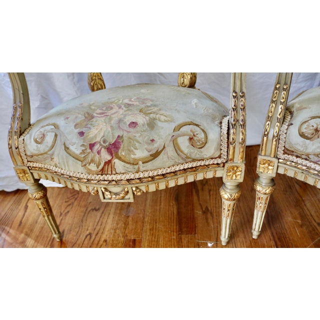 French Louis XVI Carved Giltwood Gold Leaf Armchairs With Aubusson Tapestry Upholstery Circa 1760's - A Pair For Sale - Image 4 of 7