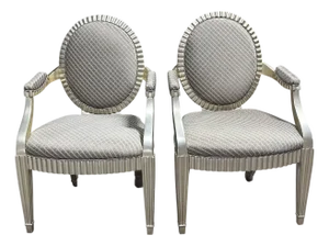 Pair of Signed Donghia Green Silk Silver Giltwood Grand Flute Chairs by John Hutton