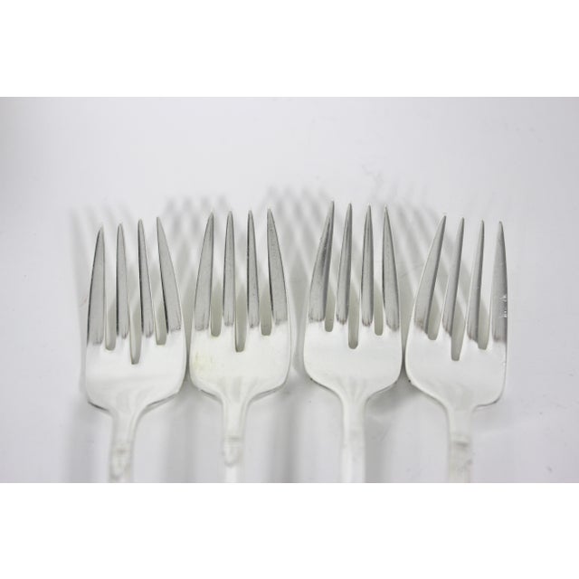 Rogers Bros. 1937 First Love Set of 4 Vintage Silver Individual Salad Forks Slot Tine, Rogers, Four Plated Matching, Small Dessert Fork For Sale - Image 4 of 9