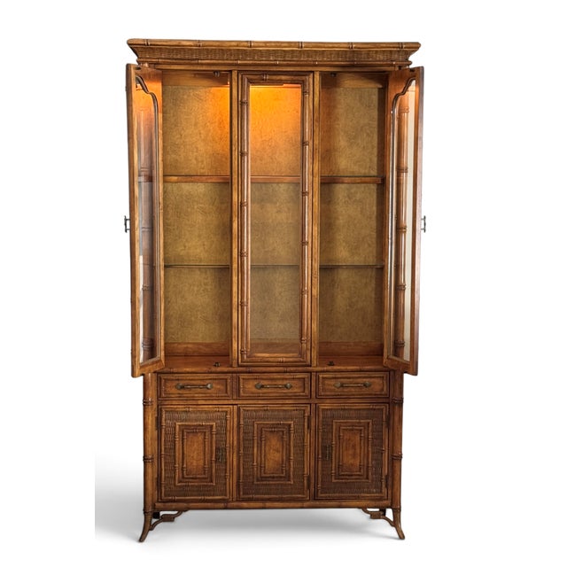 Stanley Furniture Stanley Faux Bamboo & Rattan Lighted China Display Cabinet For Sale - Image 4 of 18