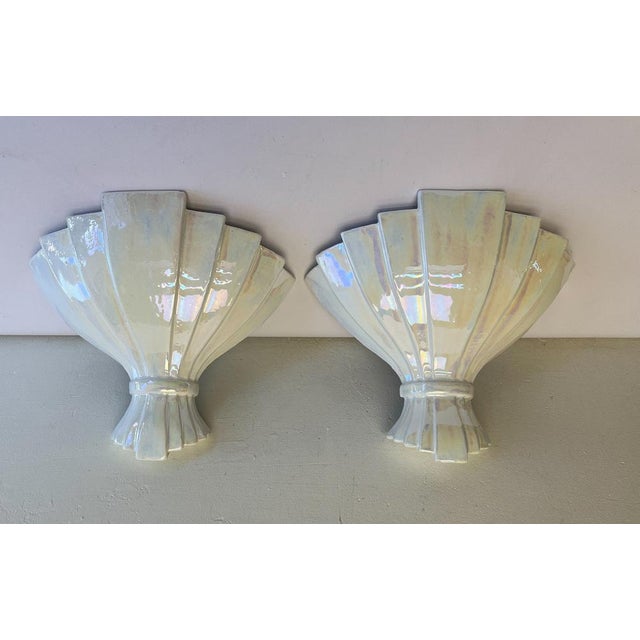 Fan Shaped Pearl Glazed Ceramic Wall Lamps, 1950s, Set of 2 For Sale - Image 6 of 13