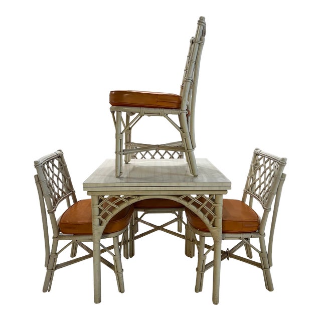 1980s White Rattan Bamboo Table and Chair Set with Flip Top to Expand From Game Size to Dining Table - Set of 5 For Sale