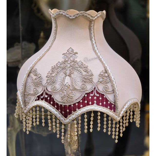 French French-Style Gilded Floor Lamp – Ornate Gold Leaf Stand With Embroidered Burgundy & Ivory Shade For Sale - Image 3 of 3