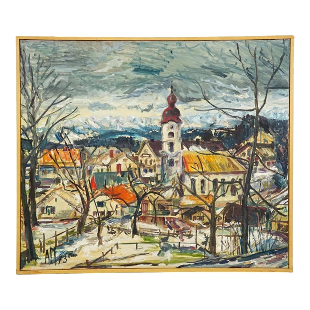 Vintage Oil Painting of a Bavarian Village, Alexander Michael 1973 For Sale