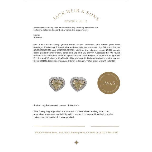 Yellow Gia 4.00 Carat Fancy Yellow Heart Shape Diamond 18k White Gold Stud Earrings, A Pair For Sale - Image 8 of 8