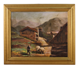 Italian Artist, Landscape with Shepherd, 1950s, Oil Painting on Panel, Framed