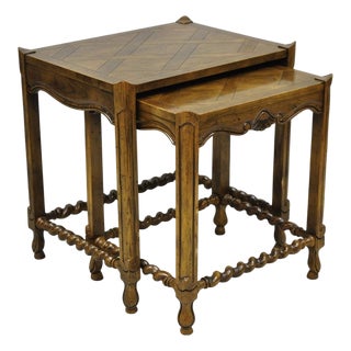 Vintage Baker Barley Twist Oak Parquetry Inlay Nesting Step Lamp Side Tables For Sale