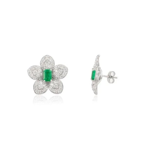 Art Deco Floral Vivid 1.22ct Emerald Art Deco Earrings With Diamond Accents in 14k Gold- A Pair For Sale - Image 3 of 10