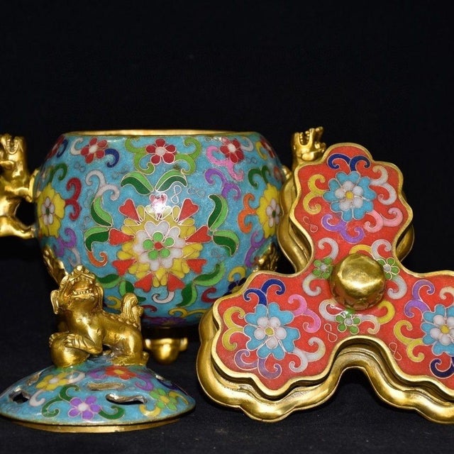 Vintage Cloisonne Enamel Globe Censer - Double-Handle Tripod Incense Burner For Sale - Image 9 of 9