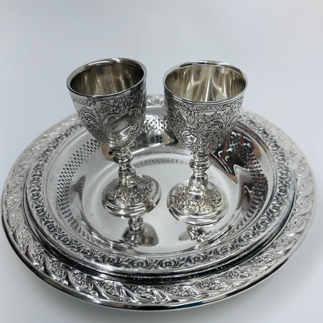 Late 20th Century Baroque Silver Plated Mini Goblets Set of 2 With Serving Trays - 4 pcs For Sale - Image 11 of 12