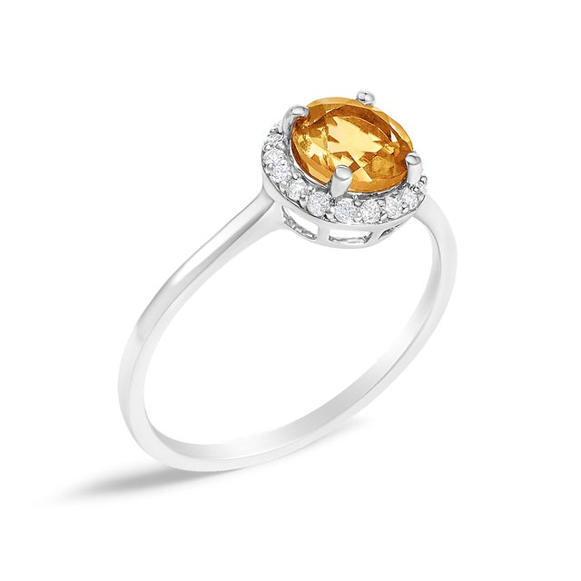 Contemporary 10K White Gold Orange Citrine and 1/10 Cttw Diamond Halo Ring For Sale - Image 3 of 7