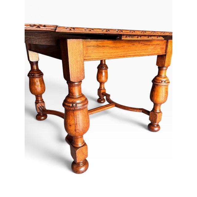Jacobean 1925 Ornate Jacobean / Elizabethan Revival Period Draw Leaf Table - Beautiful Solid Quarter Sawn Oak For Sale - Image 3 of 12