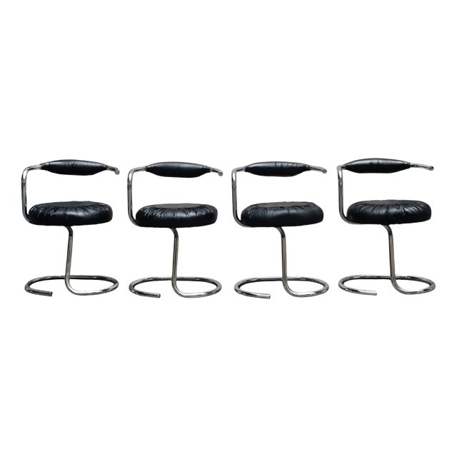 Cobra Black Leather Chairs from Giotto Stoppino, Italy, 1970s, Set of 4 For Sale