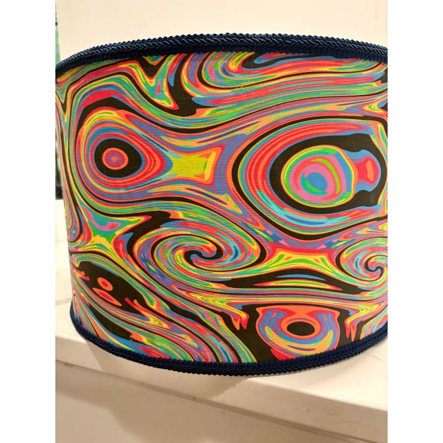 Retro Psychadelic Style Drum Lamp Shade With Navy Trim For Sale - Image 10 of 10