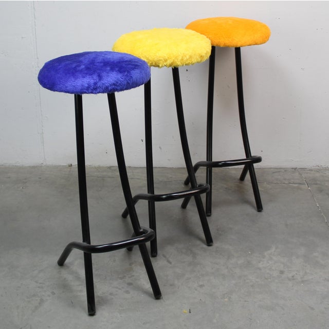 Metal Pop Stool Set Upholstered in Plush, 1970s, Set of 3 For Sale - Image 7 of 7