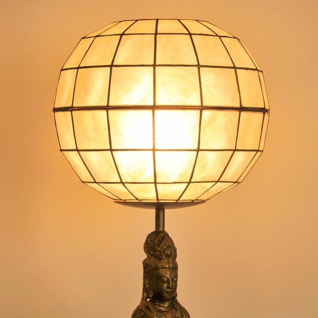 Vintage Statement Table Lamp Featuring Gold Guan Yin Figure and Capiz Shell Globe Shade For Sale - Image 11 of 17