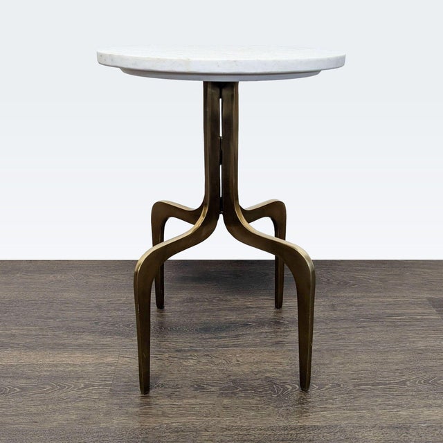 Banswara marble top on a gilded metal base. Brand: CB2. Original Price: $495. Dimensions (in): 14W x 14D x 20H.