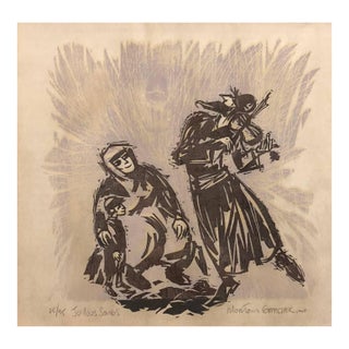 Morton Garchik, Original Judaica Woodcut Print 'Joyous Songs' Dancing Jewish Couple For Sale