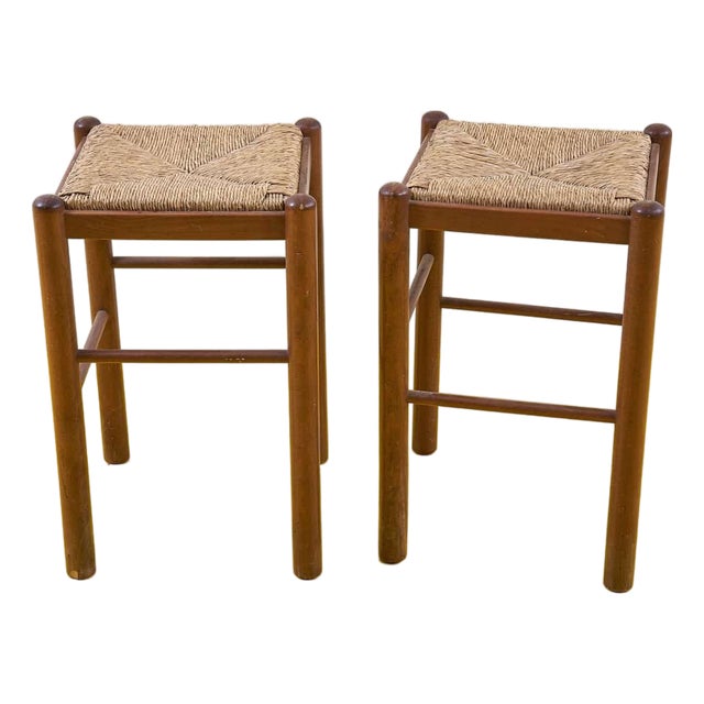 Stools with Straw Seats, 1980s, Set of 2 For Sale