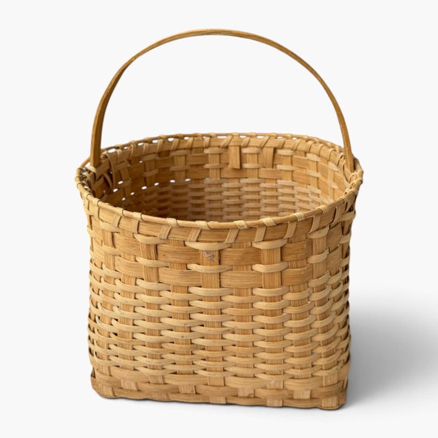 Vintage French Square Splint Wood Gathering Basket — Hand‑Woven Market Tote For Sale - Image 4 of 7