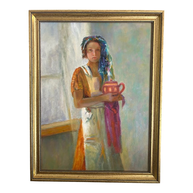 Original Oil Painting Portrait of a Young Woman Holding a Teapot in Gold Frame For Sale