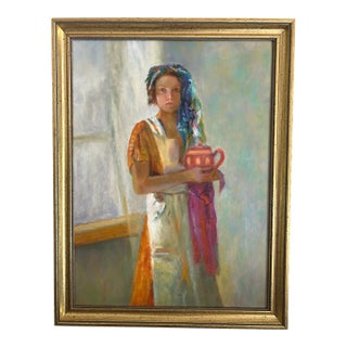 Original Oil Painting Portrait of a Young Woman in Gold Frame For Sale