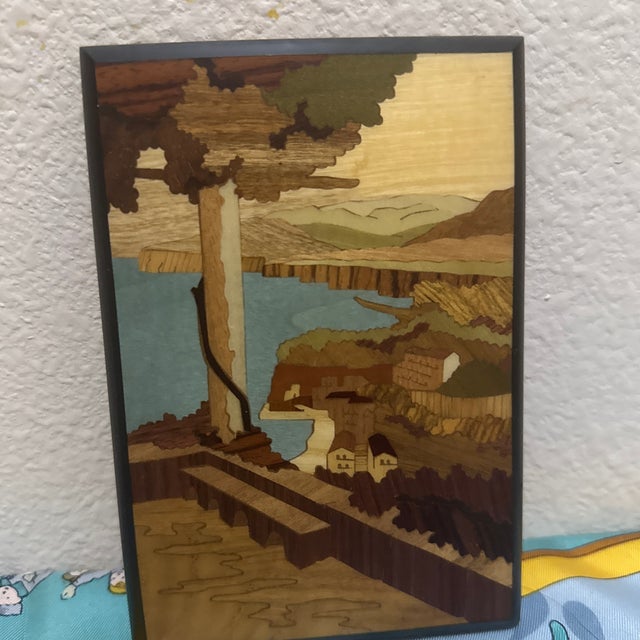 Coastal Vintage Italian Wood Marquetry Inlay Wall Art Coastal Village Scene Sorrento Plaque For Sale - Image 3 of 5
