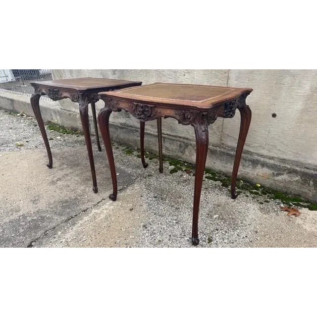 French Pair of Antique French Louis XV Side Tables With Original Tooled Leather Tops For Sale - Image 3 of 16