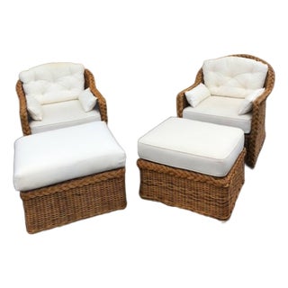 1980s Bielecky Brothers Style Wicker Lounge Chairs With Matching Ottomans, Set of 4 For Sale