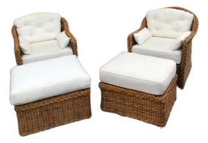 1980s Bielecky Brothers Style Wicker Lounge Chairs With Matching Ottomans, Set of 4