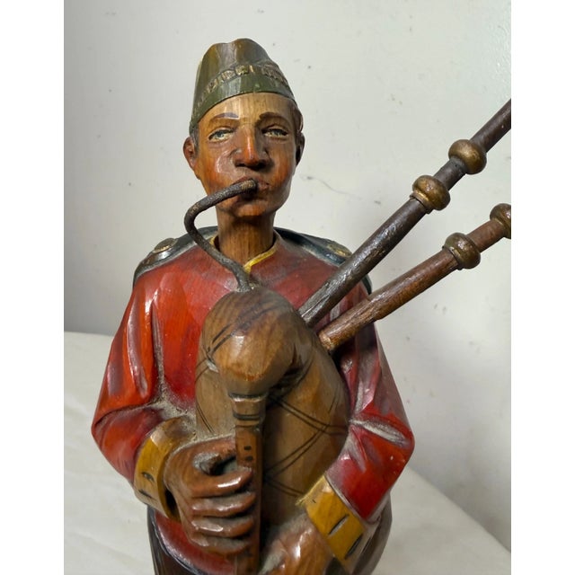 Rare Antique Hand Made Carved Wood German Bagpiper Whistler Sculpture Statue For Sale - Image 10 of 12