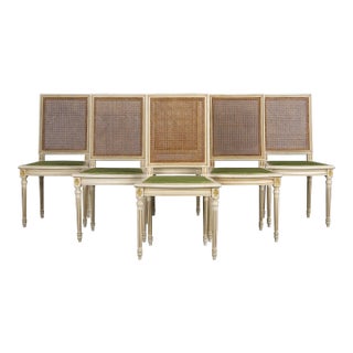 Antique French Louis XVI Style Painted Square Cane Back Dining Chairs W/ Green Velvet - Set of 6 For Sale