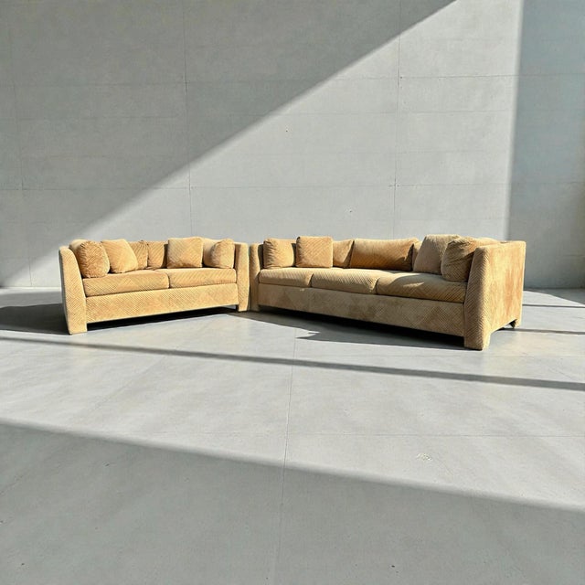 Vintage Post Modern Yellow-Beige Diamond Print corduroy textured loveseat circa late 1970’s/early 1980’s. Wrap around back...