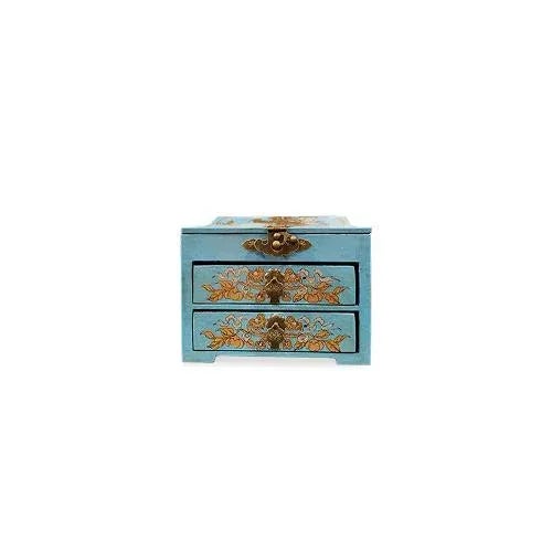 Wood Early 21st Century Asian Cyan Painted Jewelry Box For Sale - Image 7 of 7