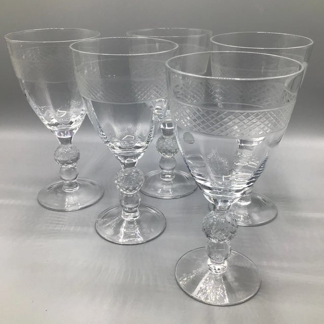 Morgantown "Eton" Water Goblets Cut Ball Stem, With Cross Hatch Band -Set of 5 Crystal Glasses For Sale - Image 13 of 13