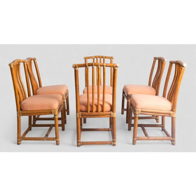 Vintage Bamboo Chairs with Peach-Colored Upholstered Seats, Set of 6 For Sale - Image 5 of 10