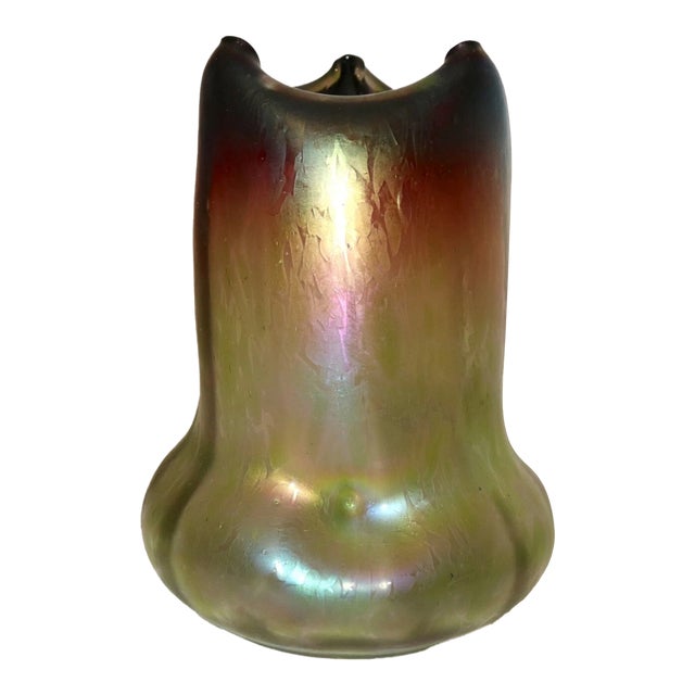 Antique Hand Blown Rindskopf Pepita Bohemian Art Glass Iridescent Aurene Vase For Sale