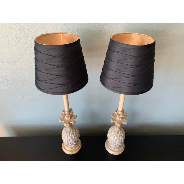 Late 20th Century Gold Wooden Pineapple Buffet Style Lamps With Black Shades - a Pair For Sale In Nashville - Image 6 of 8