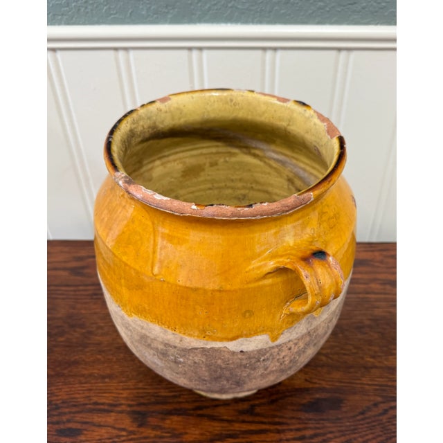 Antique French Country Confit Pot Pottery Jug Glazed Ochre Yellow Large For Sale - Image 9 of 16