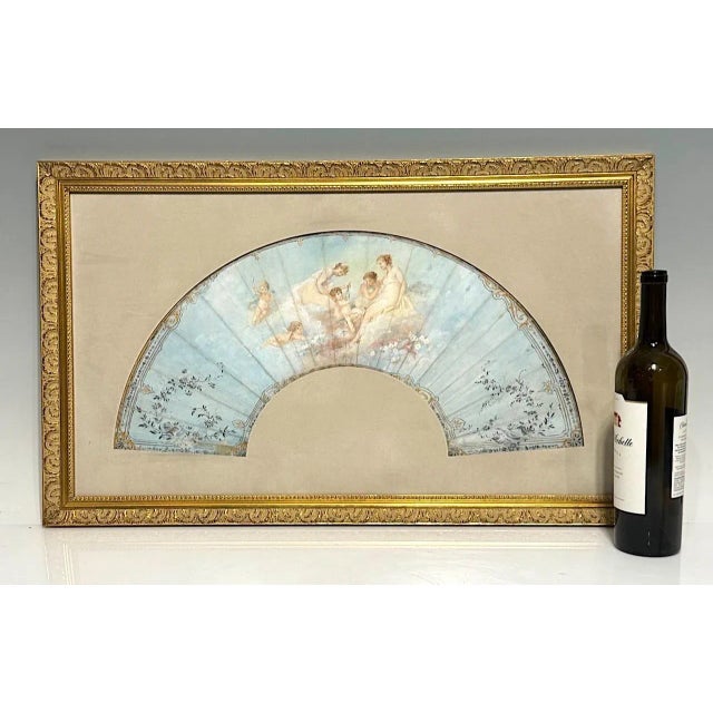 Antique French Louis XV Period Hand Painted Pale Blue Fan in Gilt Frame With Angels and Cherubs For Sale - Image 11 of 13