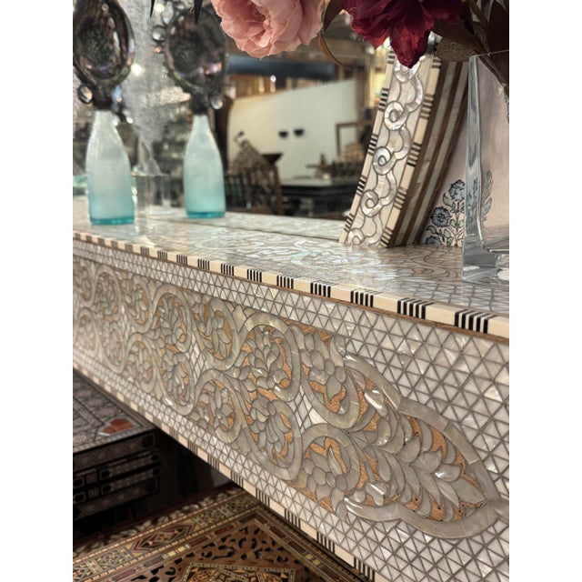Vintage Mother of Pearl Inlaid Wall Console With Round Mirror For Sale In Los Angeles - Image 6 of 7