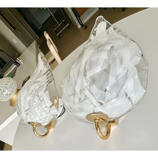 Pair of Mazzega Murano White and Clear Glass Leaf Wall Sconces For Sale - Image 10 of 18